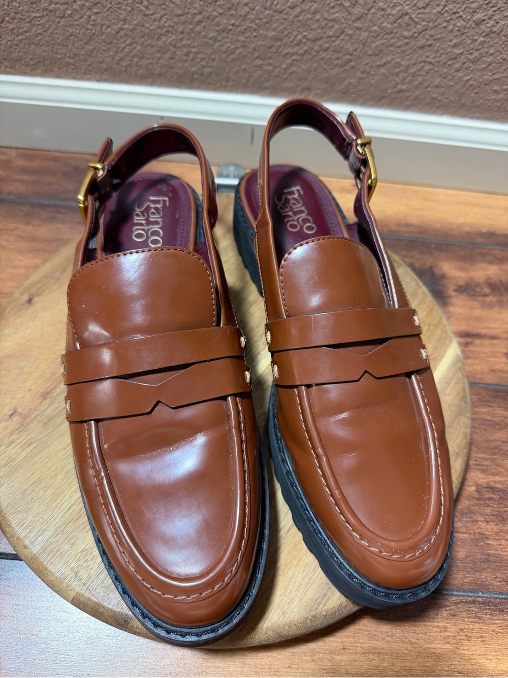 Franco Sarto Coppola Slingback Loafers Tobacco Brown Faux Leather Size 9.5